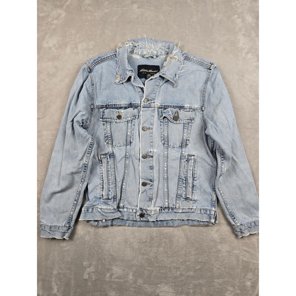 Vintage Eddie Bauer Denim Jacket Mens S Blue Distressed Fray Trucker Jean Jacket